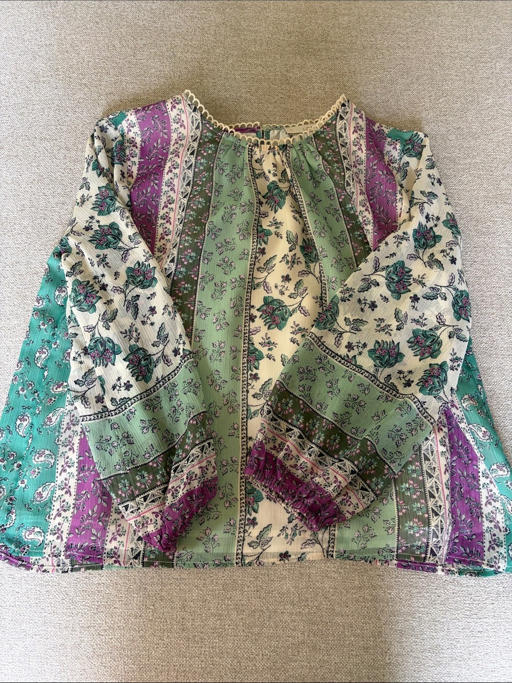 LOFT Patchwork Floral Peasant Blouse in Green and Purple